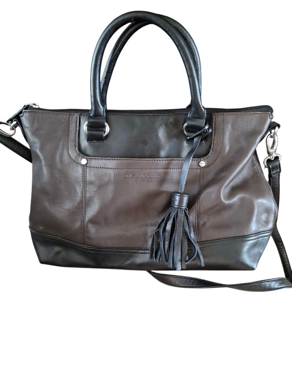Tignanello Two Tone Convertible Leather Satchel with Crossbody Strap